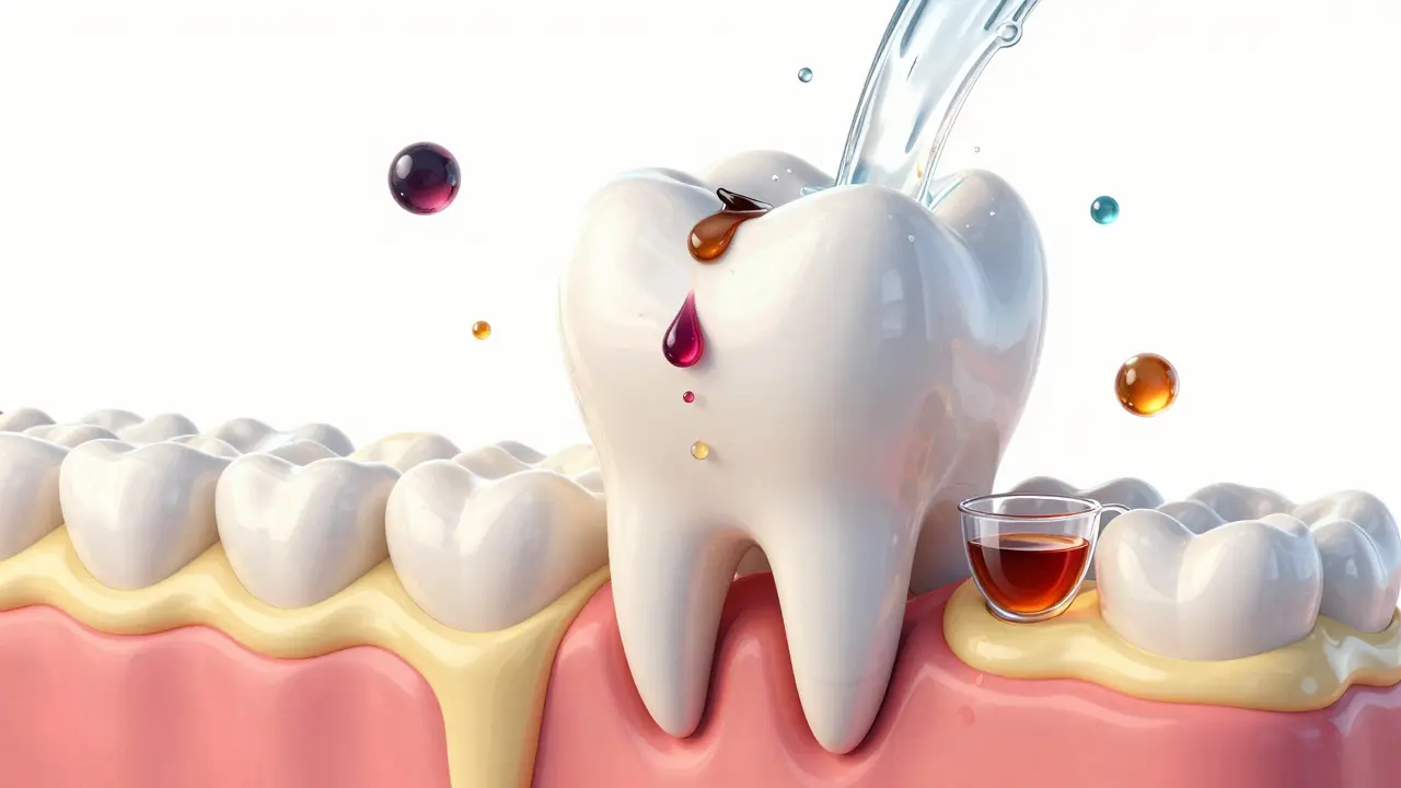 Vědecká ilustrace zubu s odstraňováním barviv vodou a enzymy.
