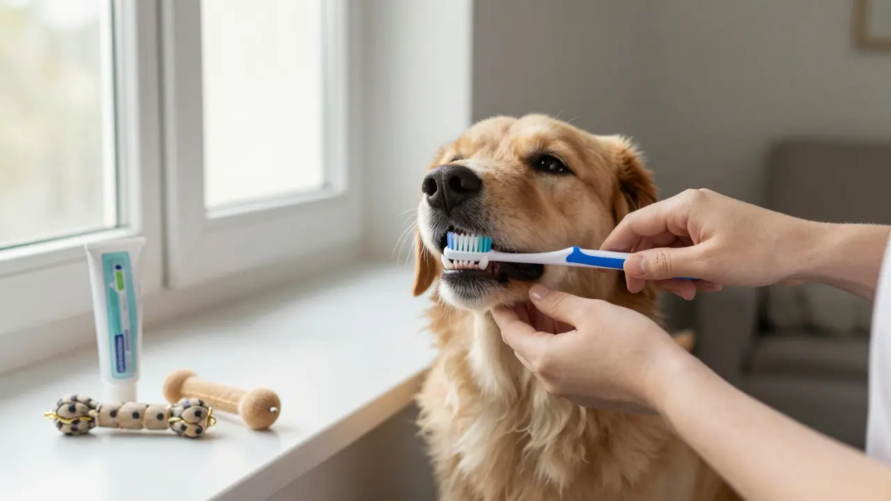 Vlastník čistí zuby svému psi doma speciální kartáčkem a pastou.