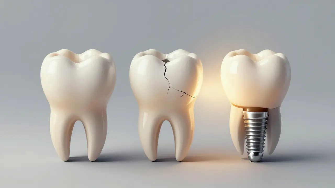 Vývojová představa tří metod obnovy ulomeného zubu od výplně po implantát.