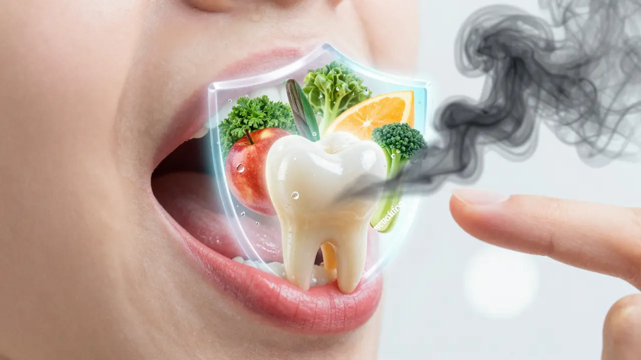 Zdravé dásně a kost kolem zubu chráněny výživou, zatímco kouření je odstraněno.