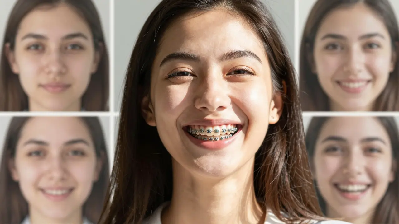 Žena se směje bez obav, keramická rovnátka jsou skrytá mezi zuby.