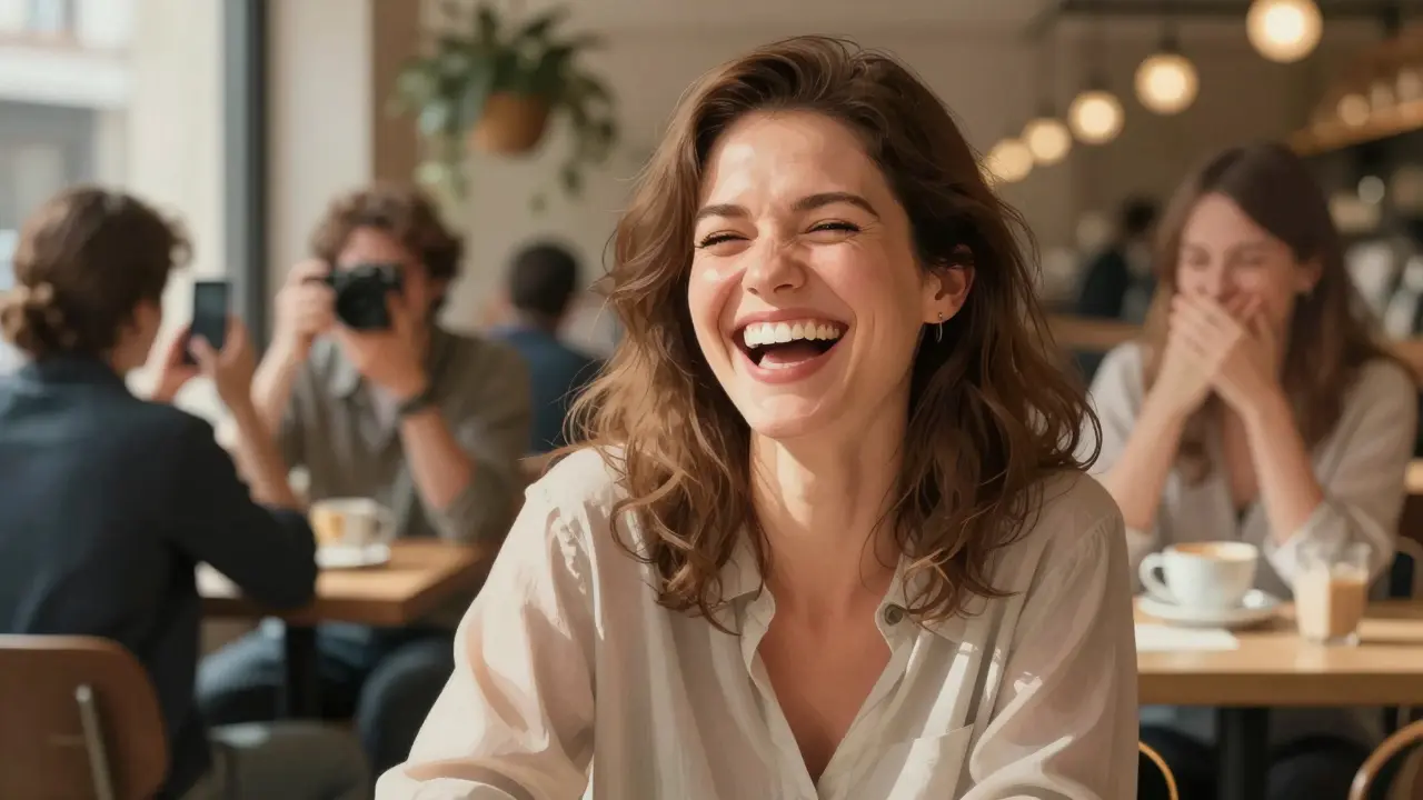 Žena se směje v kavárně s otevřeným úsměvem, kolegové fotí, výraz důvěry a volnosti.