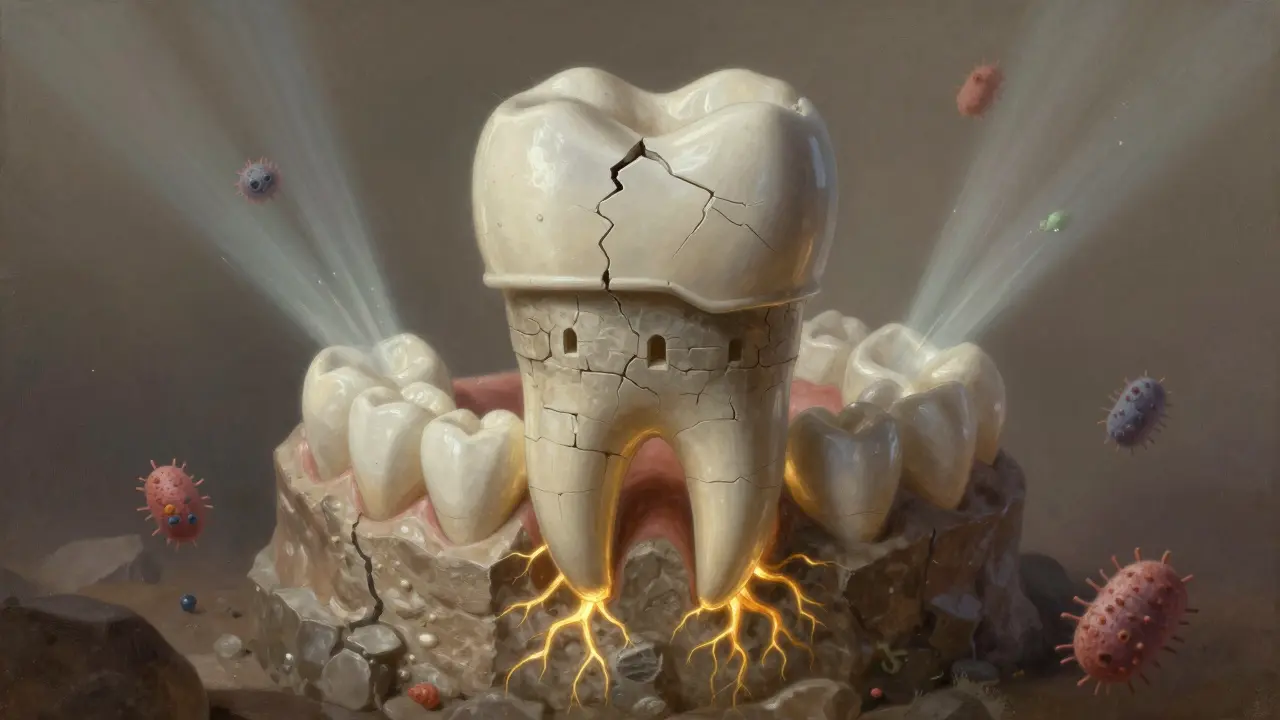 Zub jako hrad v keramické přilbě, pevně ukotvený v čelisti, bakterie se vzdalují.