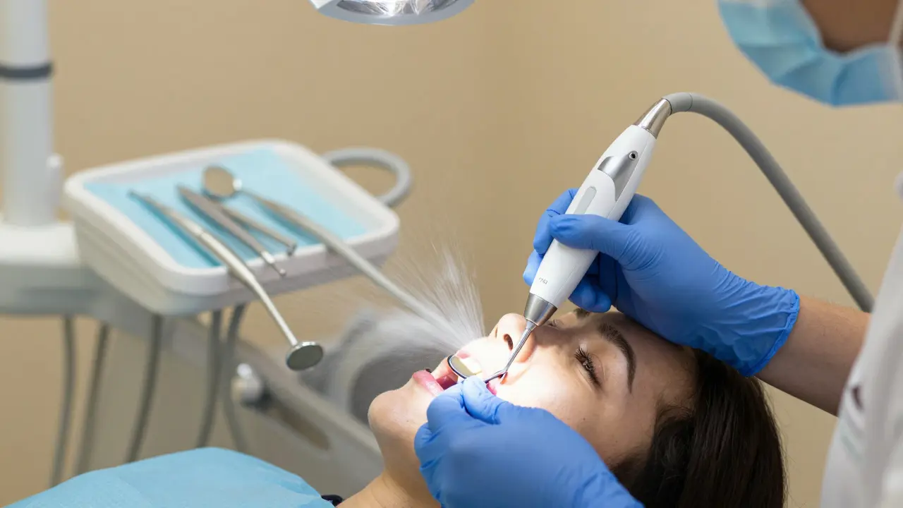 Zubní hygienik odstraňuje kámen ultrazvukovým nástrojem v klinice