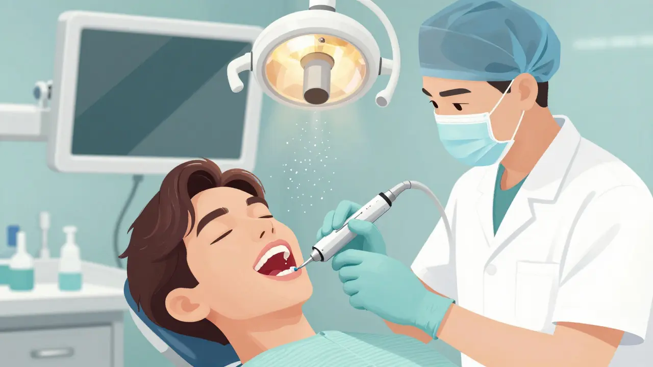 Zubní hygienistka odstraňuje kámen ultrazvukovým přístrojem