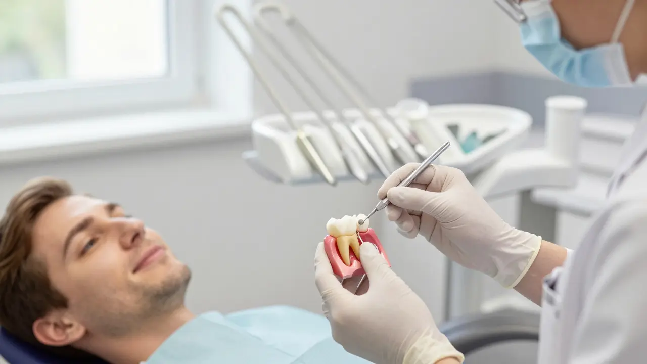 Zubní lékař instaluje keramickou korunku na přední zub pacienta.