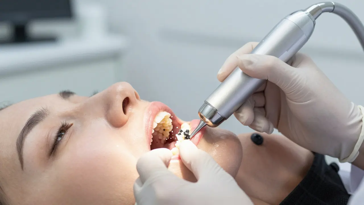 Zubní lékař odstraňuje zubní kámen ultrazvukovým skalerem.