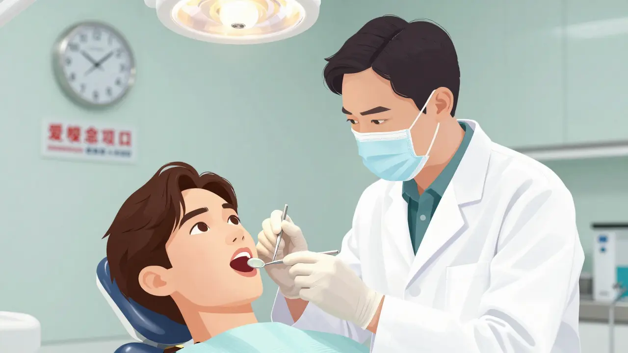 Zubní lékař vyšetřuje pacienta v noci v moderní klinice s časem 2:17 na hodinách.