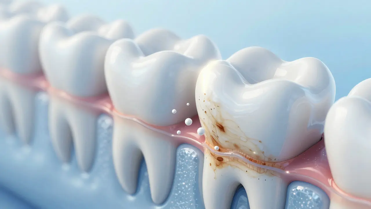 Zvětšený řez zubem, kde se obnovuje email pomocí hydroxyapatitu a jemného bělícího účinku.