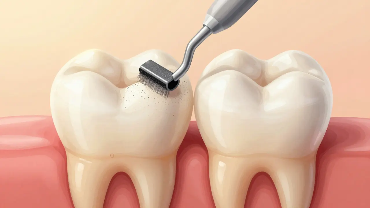 Zvětšený řez zubem ukazující rozdíl mezi nerovnou a vyhlazenou zubní sklovinou.