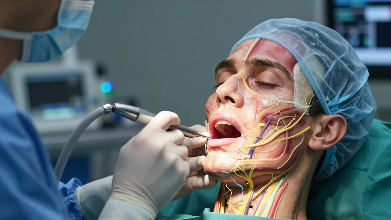 Chirurg provádí minimálně invazivní operaci čelisti s AI náhledem nervů a kostí.