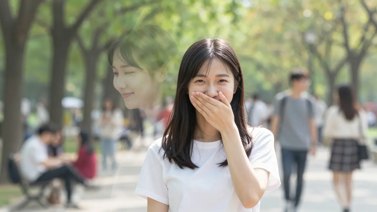 Člověk se volně směje v parku, stará verze sebe v pozadí zaniká.