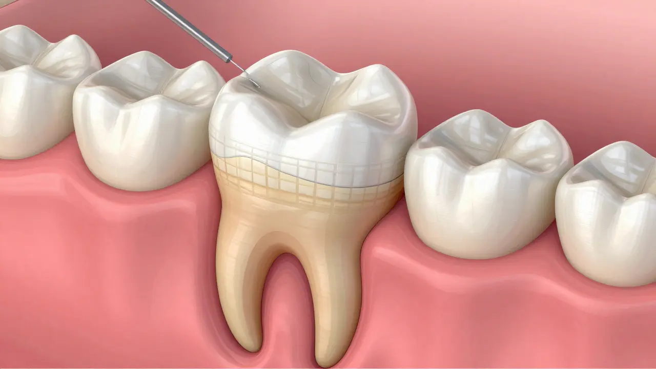 Cross-section of a tooth with a crown, showing the reinforced core and ceramic restoration fitted over the prepared structure.