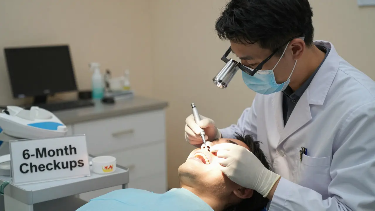 Dentista vyšetřuje fazety v klinice, vedle stojí kontejner s odlepenou fazetou.