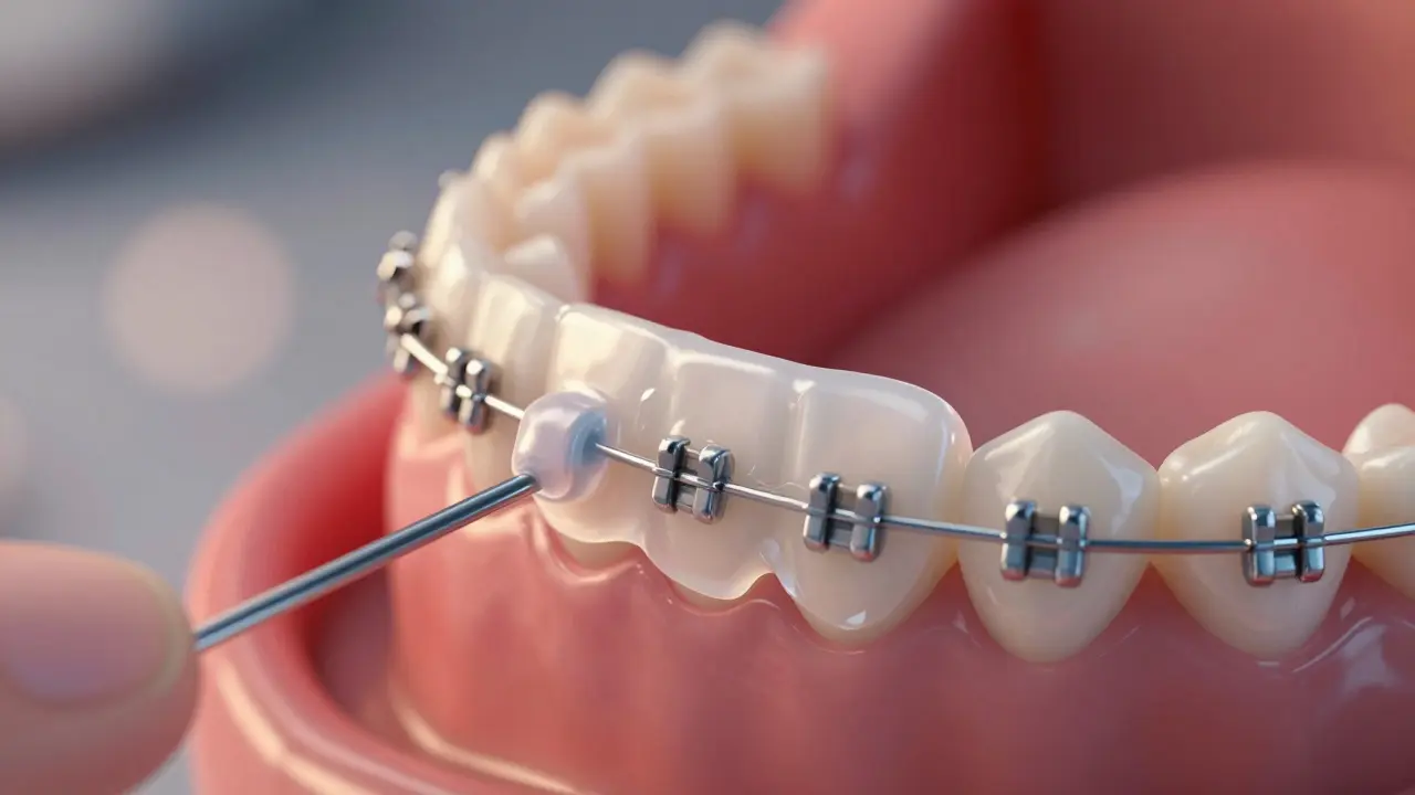 Detail zubů s voskem chránícím ostré hrany rovnátek.