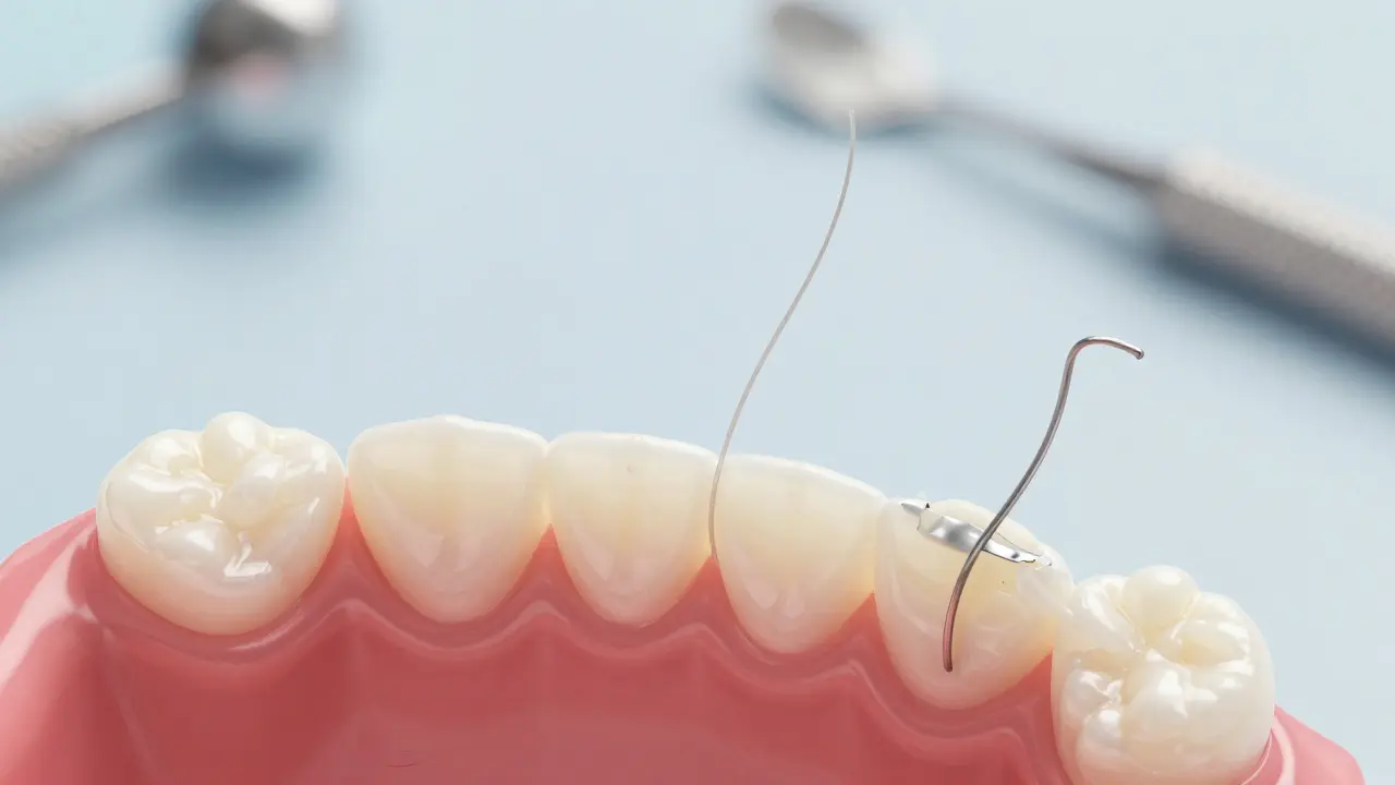 Detailní zobrazení tří typů gumiček na rovnátkách: nové, opotřebované a poškozené.