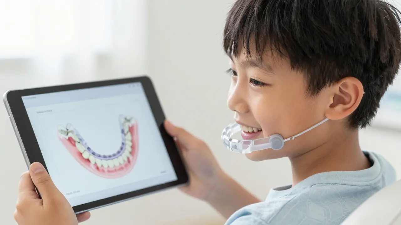 Dítě s chytrou šablonou po operaci čelisti, s viditelným biologicky rozložitelným implantátem.