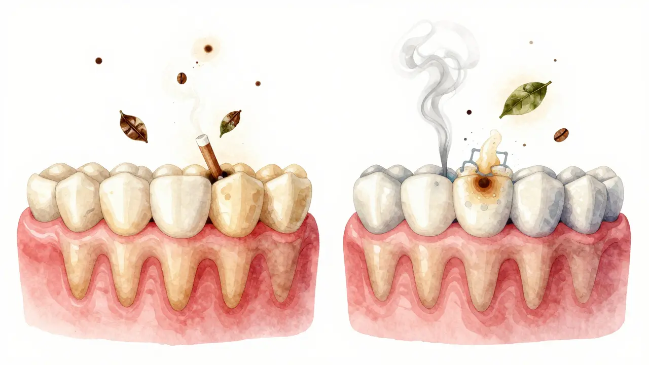Dva typy zubů: přirozeně žluté a po bělení, s rozkládajícími se skvrnami od kávy a čaje.