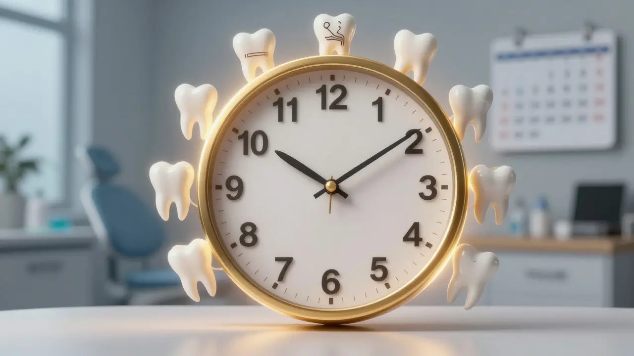 Hodiny ukazující běžné chyby po pískování zubů, kolem nichž svítí zdravé zuby.