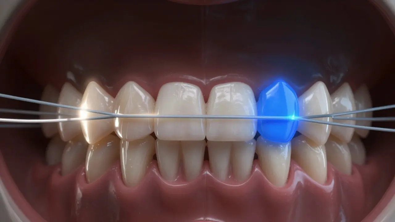 Koncepční obrázek čelisti s posouvajícími se zuby a živě svítícími gumičkami, jedna z nich se mění.