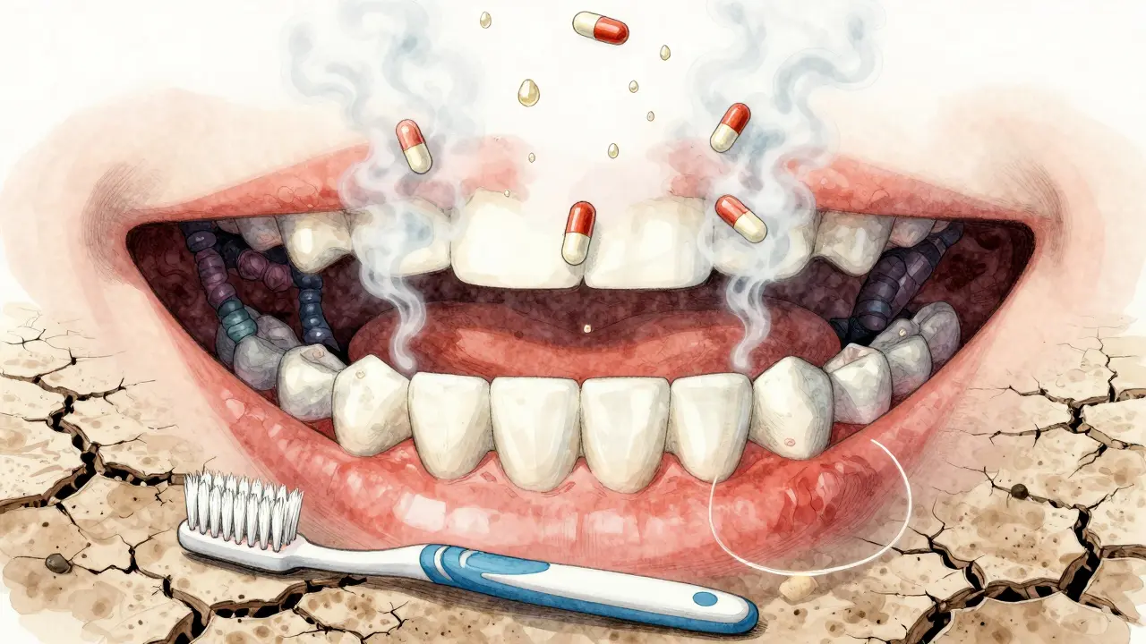 Krajina ústní dutiny suchá a poškozená, s léky, které odstraňují slinu, a zubní nití jako záchranným provazem.