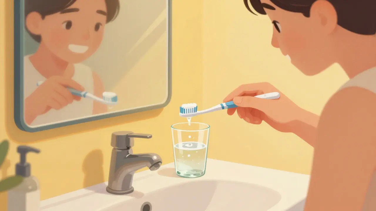 Měkká zubní kartáčka a solný výplach pro čištění zubů.