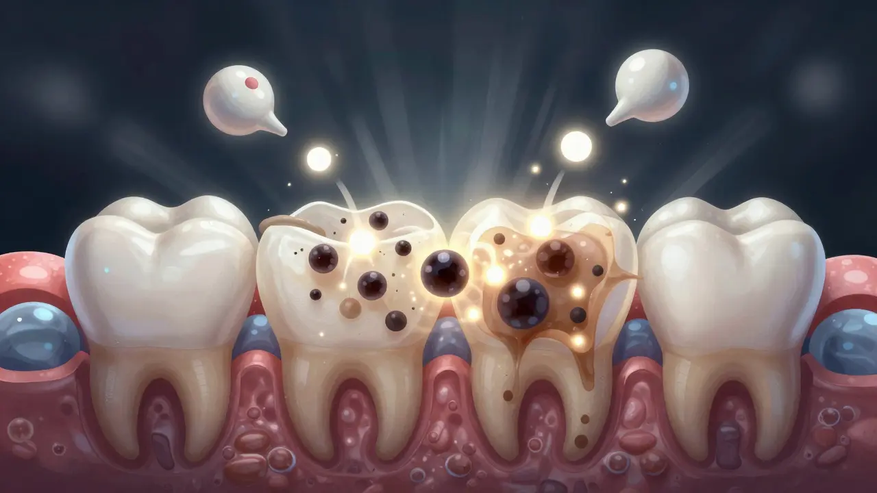 Molekulární interakce kyslíku rozkládajícího barvivé skvrny v emalové vrstvě zubu.