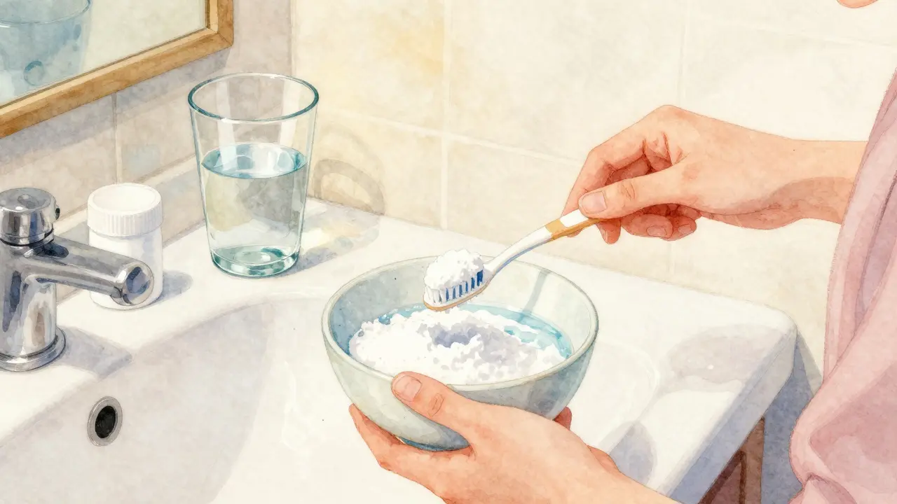 Osoba míchá sodu s vodou pro čištění zubů doma.