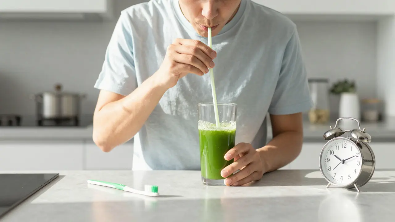 Osoba pije zelenou šťávu skrz slámku a hned poté pije vodu, symbolizující prevenci barvení zubů.