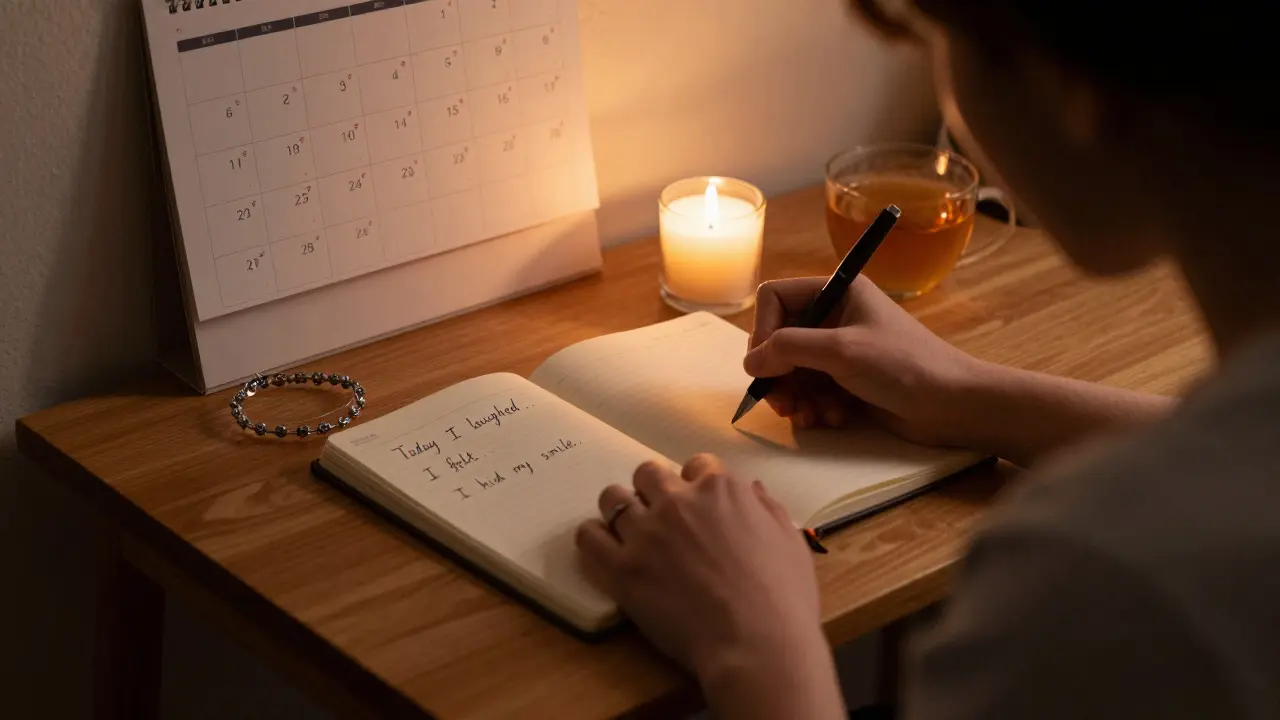 Osoba píše denní záznam o svých pocity při smíchu ve světle svíčky.
