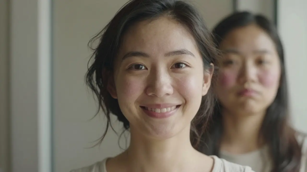 Osoba se přirozeně usmívá na den 30 po proceduře, bez krytých oblastí a s jasným výrazem.