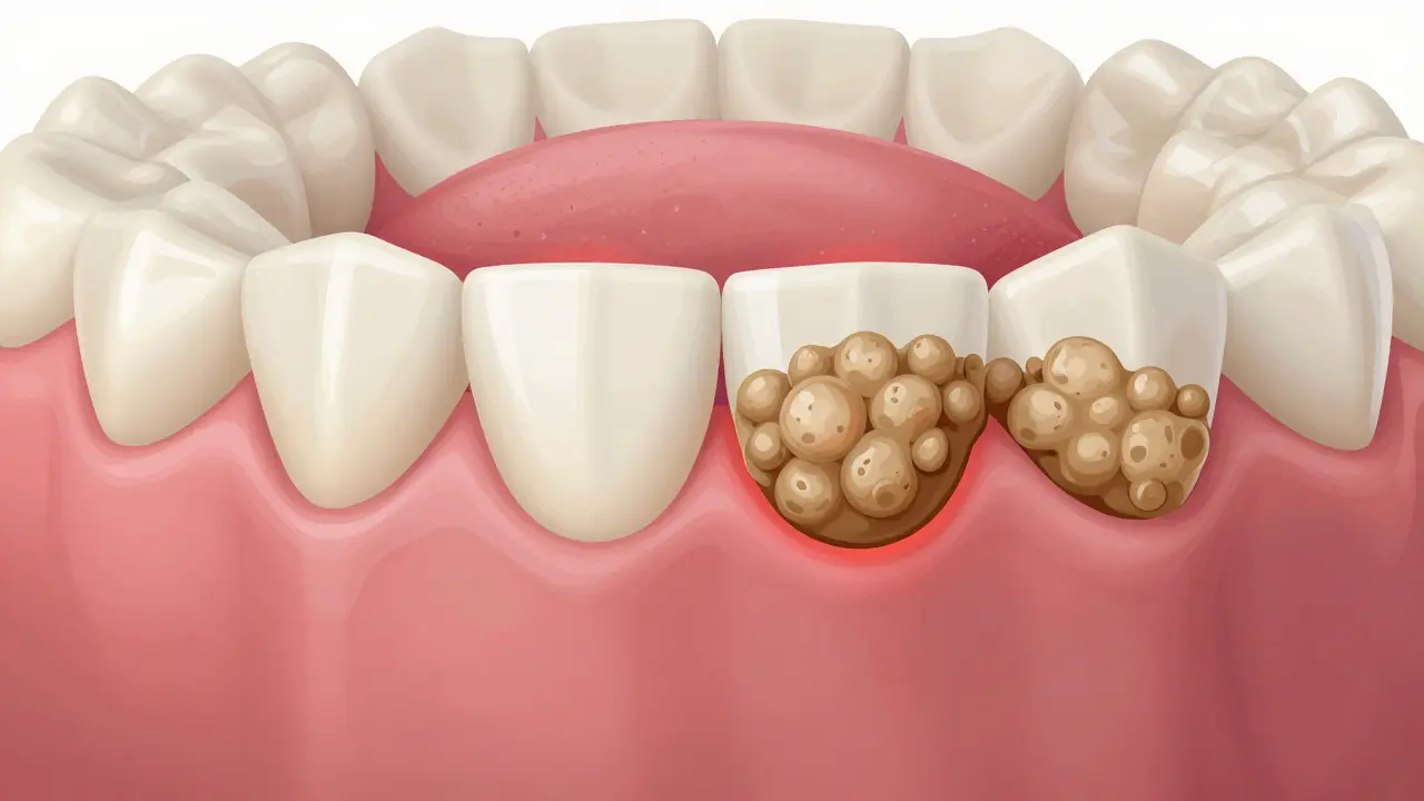 Plak se postupně mění na tvrdý zubní kámen s příznaky zánětu dásní, znázorněno jako přechod od bílého k hnědému usazení.