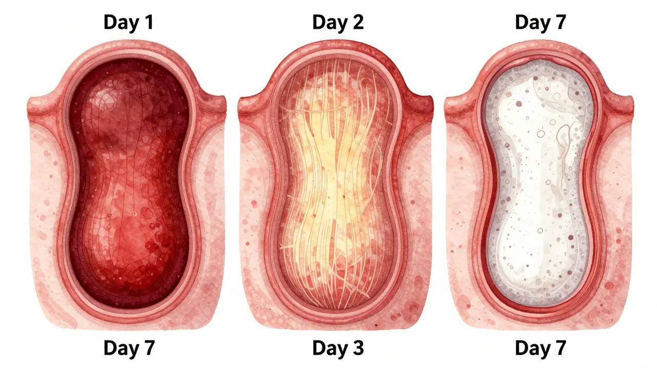 Postupné přeměňování krevní sraženiny v novou tkáň během prvních sedmi dnů hojení.