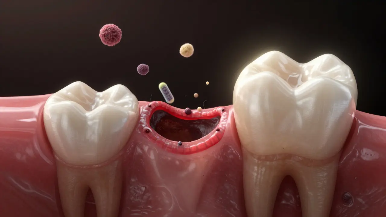 Prázdný důlek po extrakci bez krevní sraženiny, s vystavenou kostí a bakteriemi.
