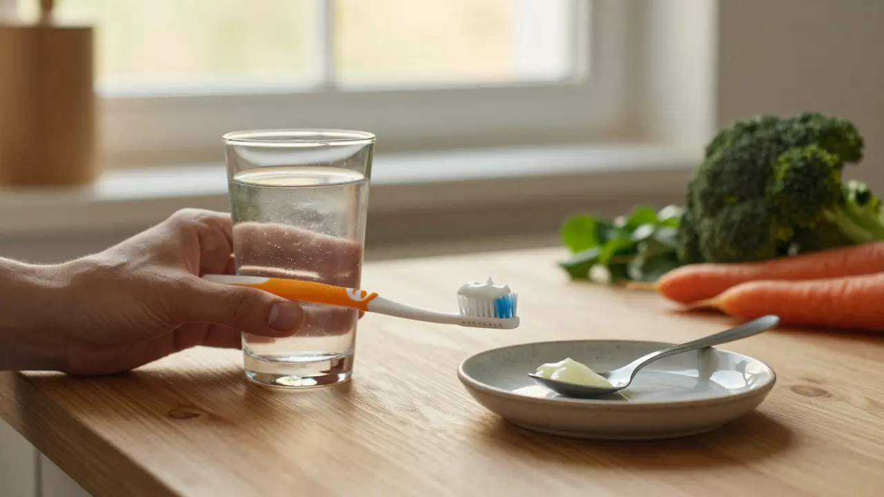 Ranní scéna v české kuchyni: sklenice minerální vody, olej a zelenina na dřevěném stole, mírné světlo.