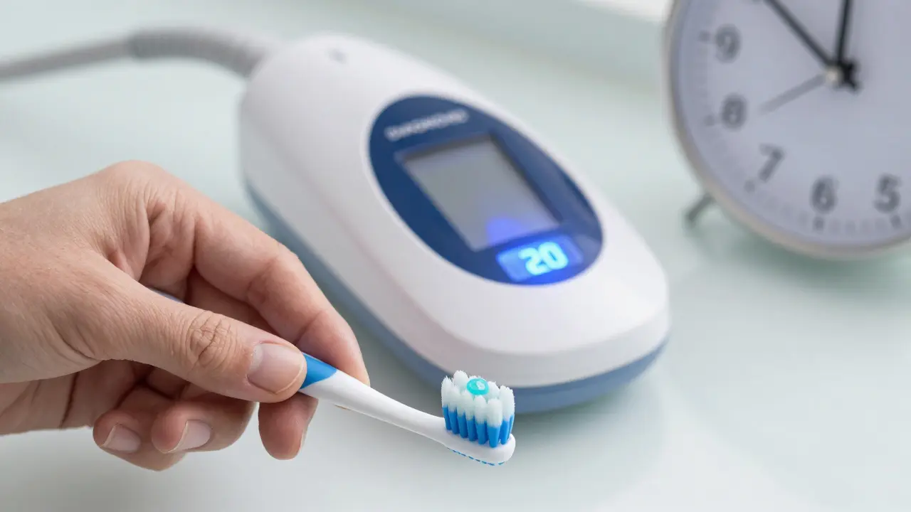 Ruka aplikuje fluoridový gél na kartáček, v pozadí laserový diagnostický přístroj s nízkou hodnotou kazu.