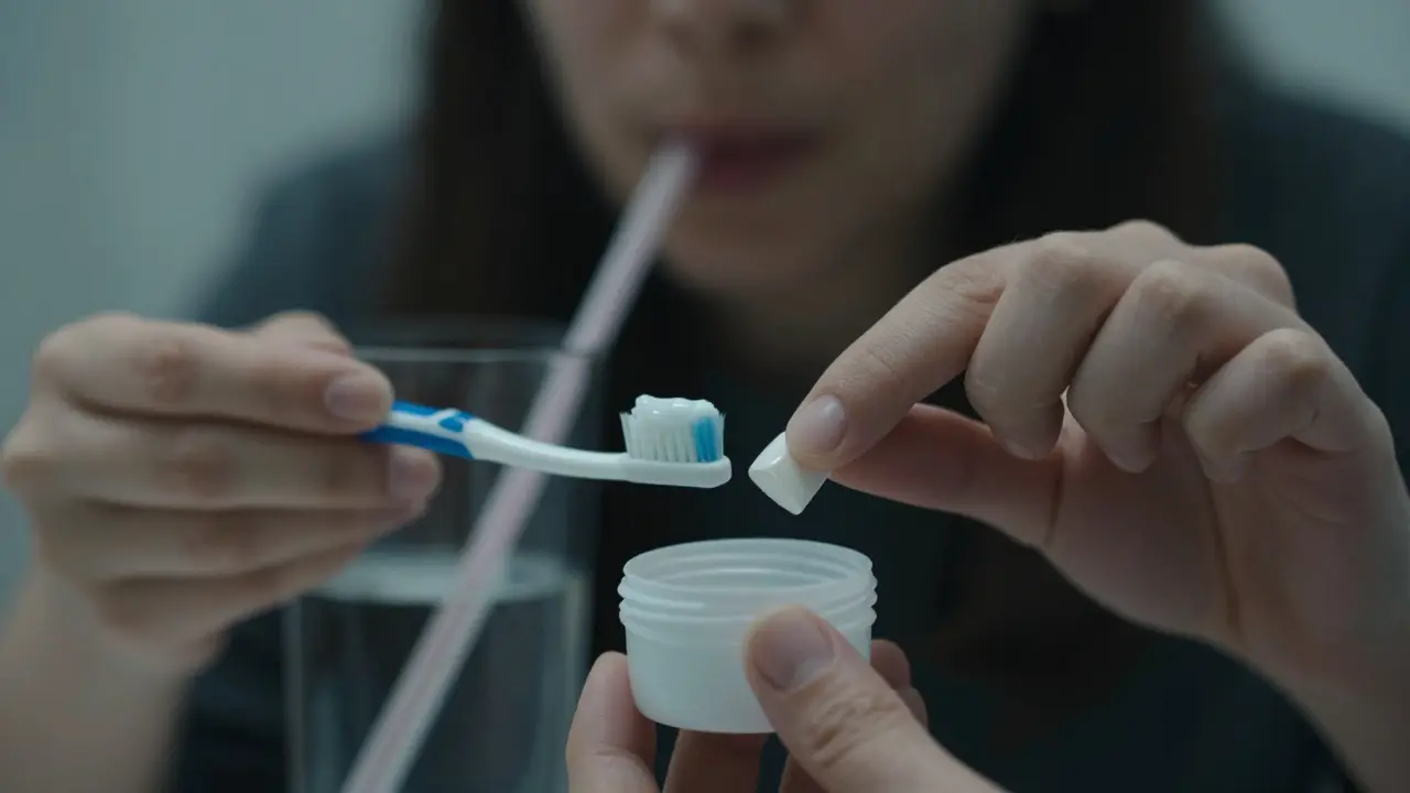 Ruka ukládá odlepenou fazetu do kontejneru, zatímco jiná ruka drží zubní kartáček s fluoridovou pastou.