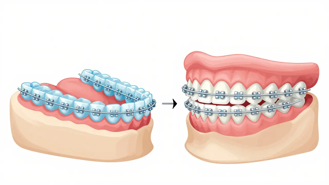 Srovnání kovových rovnátek a průhledných alignerů s pohybem zubů.