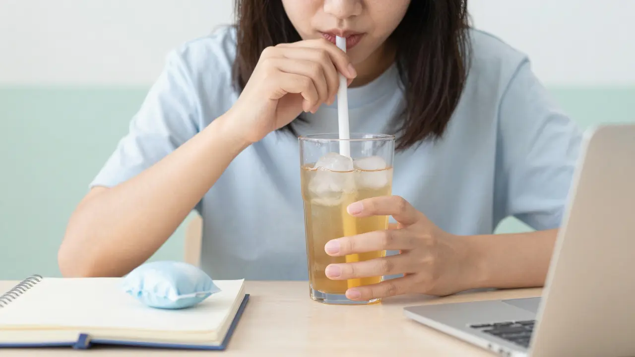 Student si dělá přestávku s chladným nápojem a ledovým obalem.