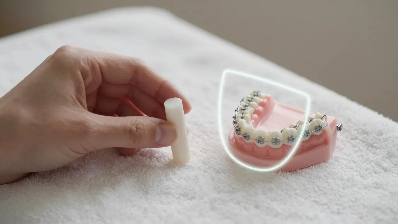 Vosk na rovnátka vedle čistých rovnátek na utěrce.