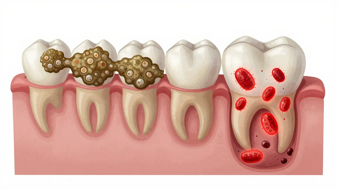 Vývoj zubního kamene pod dásní: plak, mineralizace a ztráta kosti.