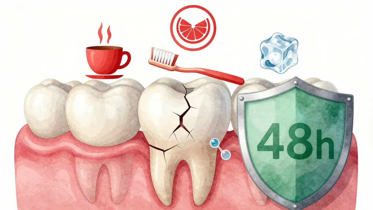 Zub s poškozenou emalí a symbolickými varováními po pískování, ochraňovaný štítem fluoridu.