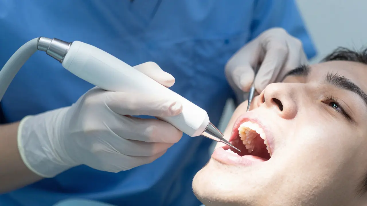 Zubař používá ultrazvukové zařízení při odstraňování zubního kamene.