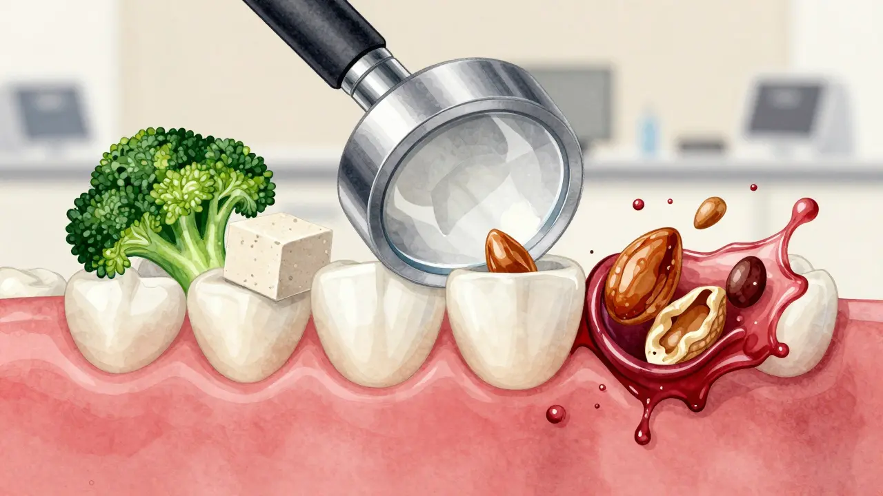 Zvětšený pohled na keramickou fazetu přilepenou na zub, s bezpečnými a nebezpečnými potravinami po stranách.