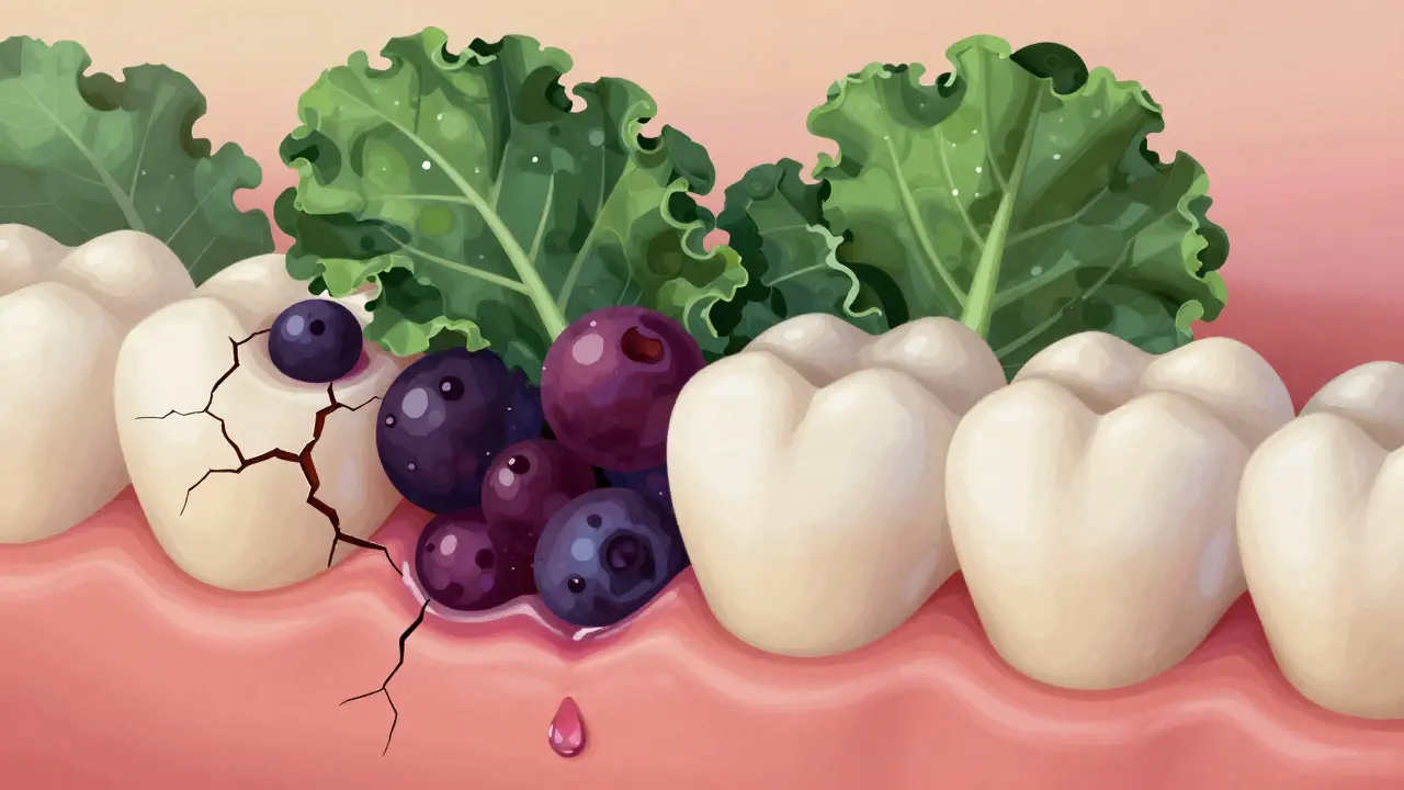 Zvětšený pohled na zubní enamel s vnikajícími barvivy z kyselých nápojů a vodou, která je oplavuje.