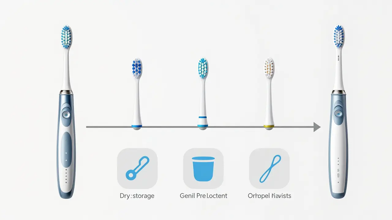 Časová osa životnosti sonického kartáčku: od nového zařízení po pětiletý výdrž s pravidelnými náhradami.