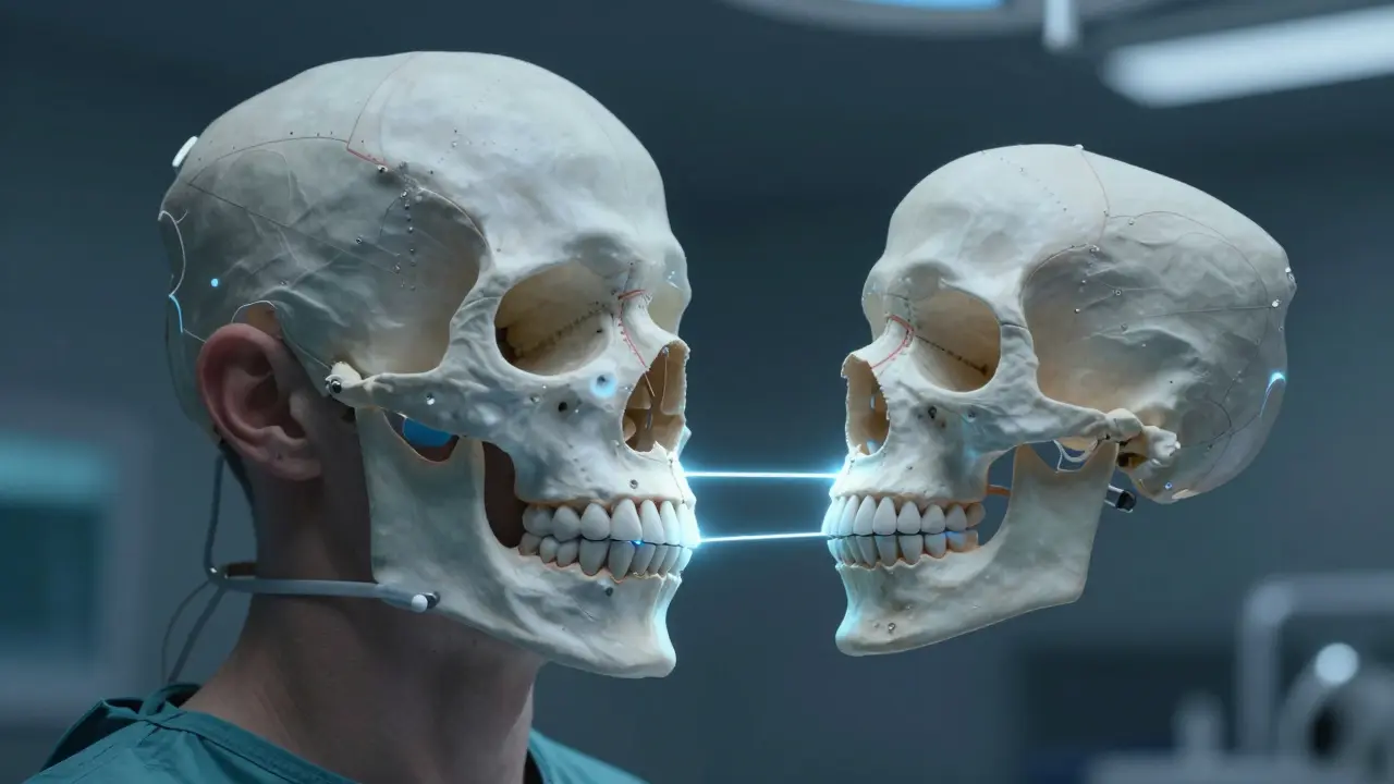 Chirurgická rekonstrukce čelisti u dospělého pacienta s pomocí 3D modelu a chirurgických vodidel.