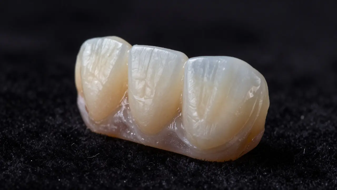 Close-up of a ceramic dental veneer with natural translucency and texture