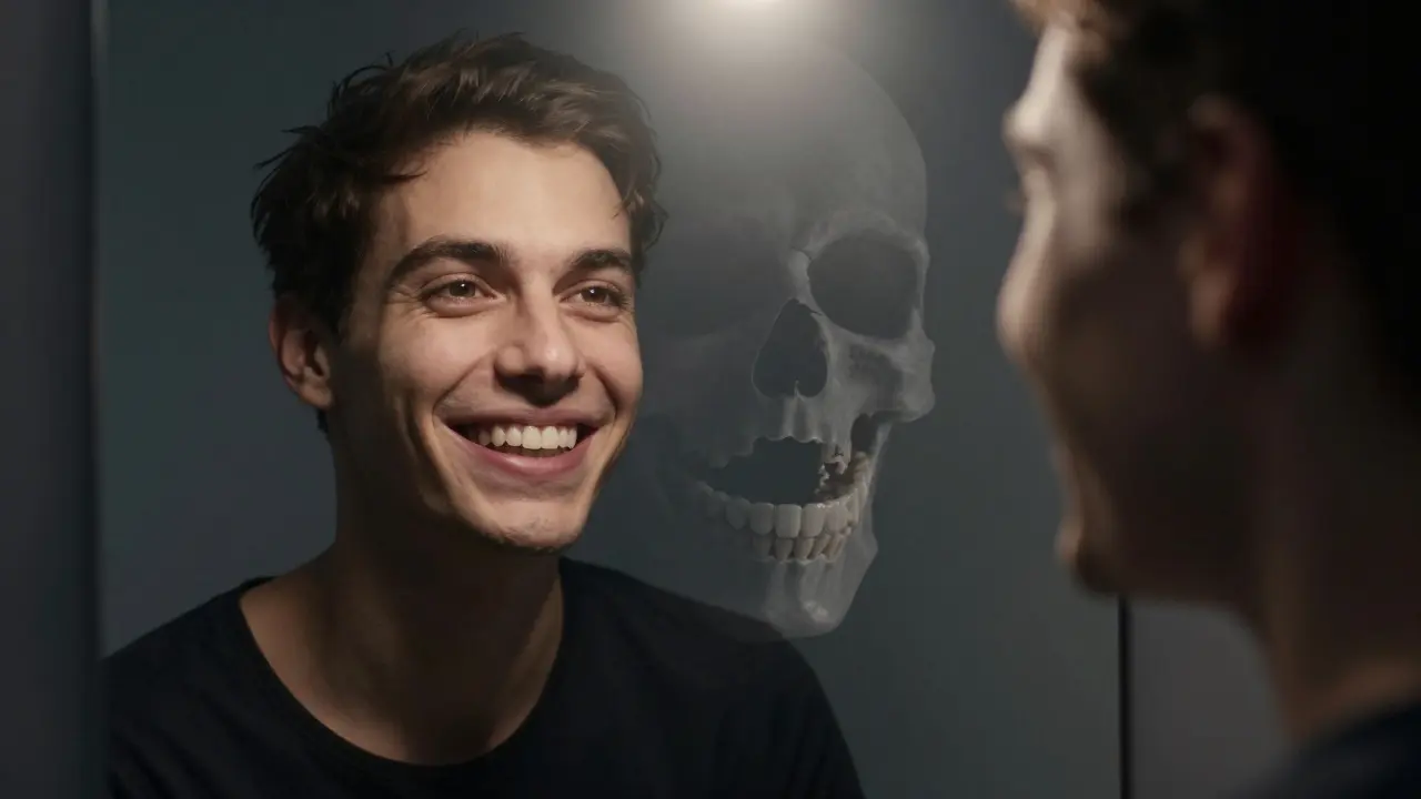 Člověk se směje do zrcadla, jeho odraz ukazuje plnou ústní řadu s implantáty.