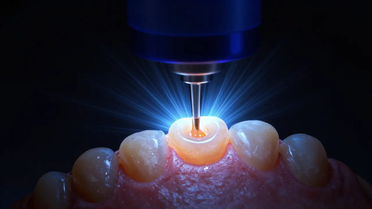 Composite material hardening under blue curing light with glowing polymerization effect